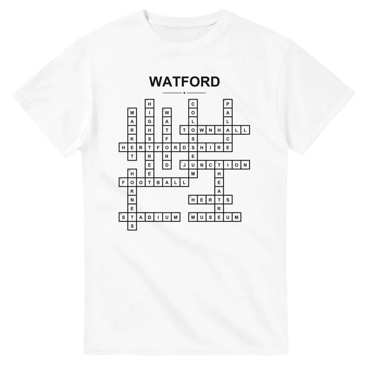 Monochrome crossword sheet for Watford, with a large place-name heading, a letter grid, and numbered across and down clues.