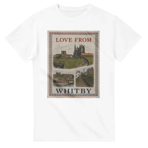 Framed scenic design for Whitby, with several local views, a decorative border and LOVE FROM lettering.