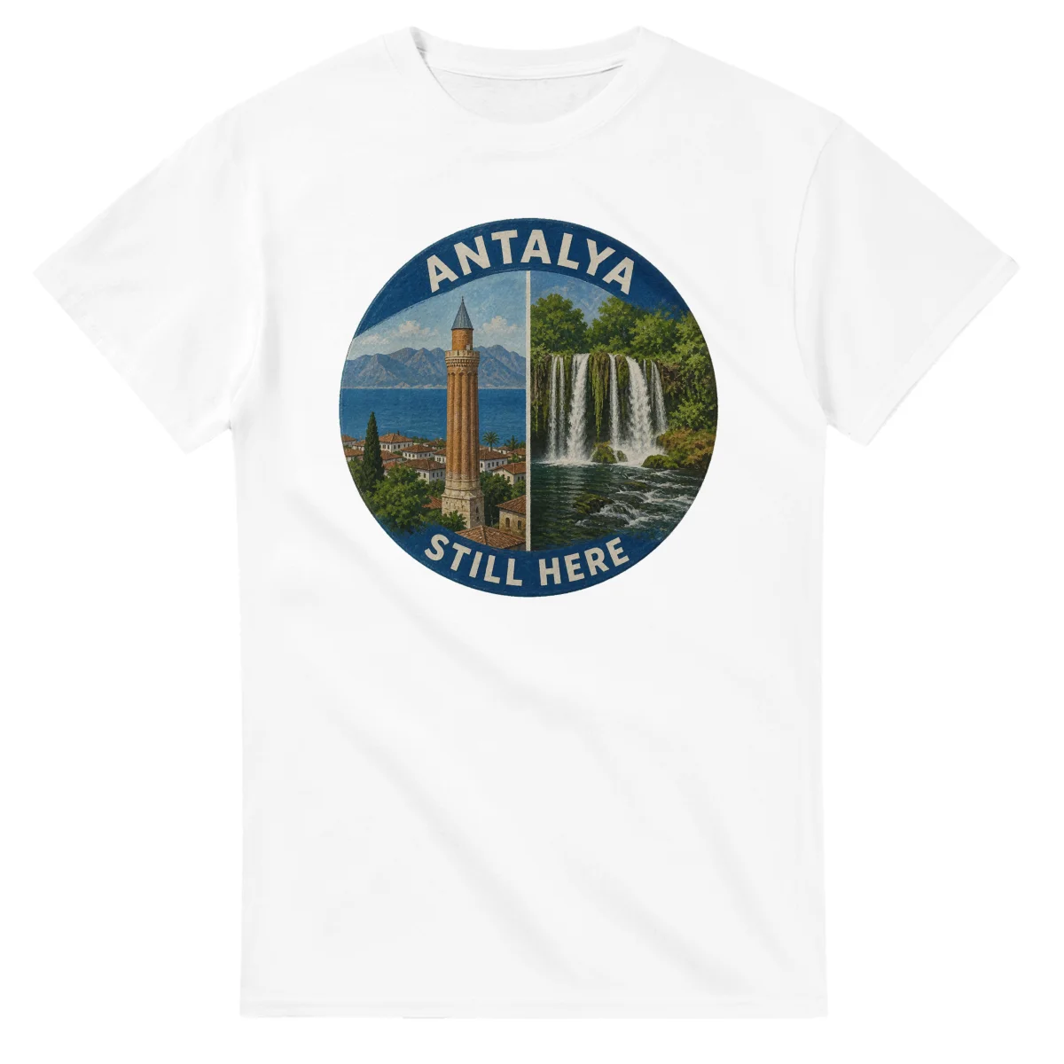 Painted, panelled scenic illustration for Antalya, with paired local scenes and the place name in lettering.