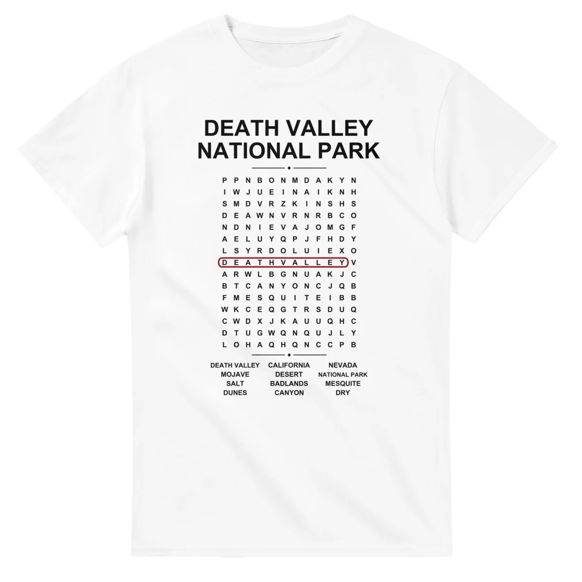 Word-search sheet for Death Valley National Park, with a large place-name heading, a letter grid, a local answer list, and a red highlighted example word.