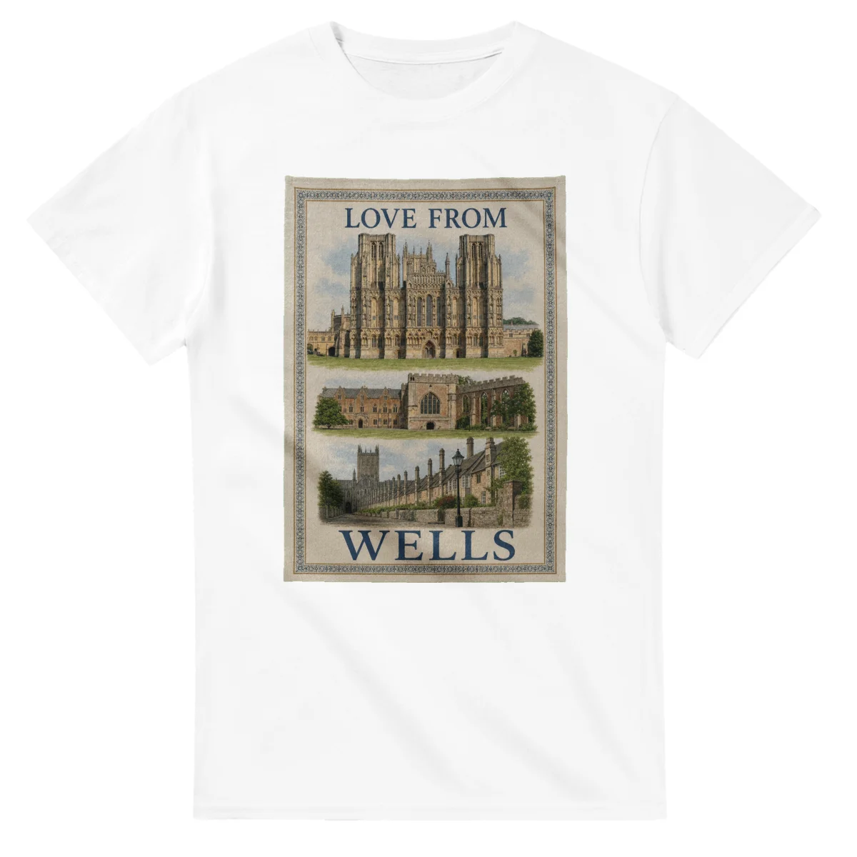 Framed scenic design for Wells, with several local views, a decorative border and LOVE FROM lettering.