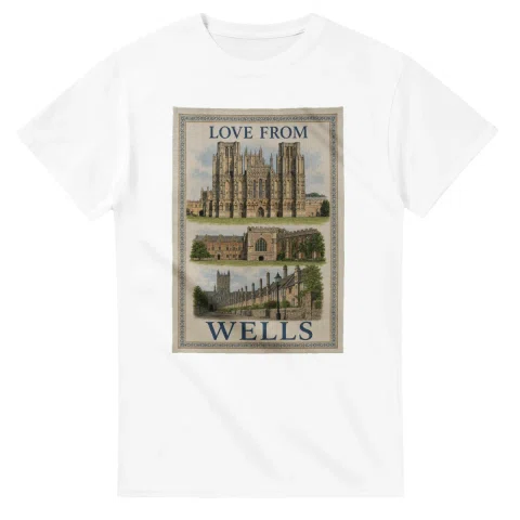 Framed scenic design for Wells, with several local views, a decorative border and LOVE FROM lettering.