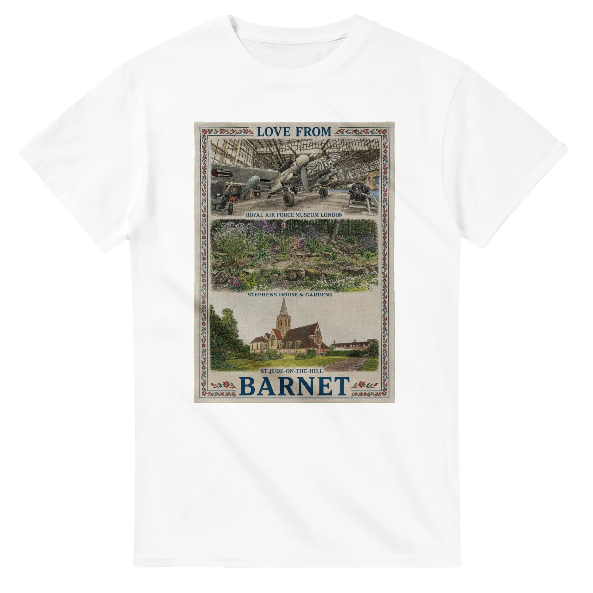 Framed scenic design for London Borough of Barnet, with several local views, a decorative border and LOVE FROM lettering.