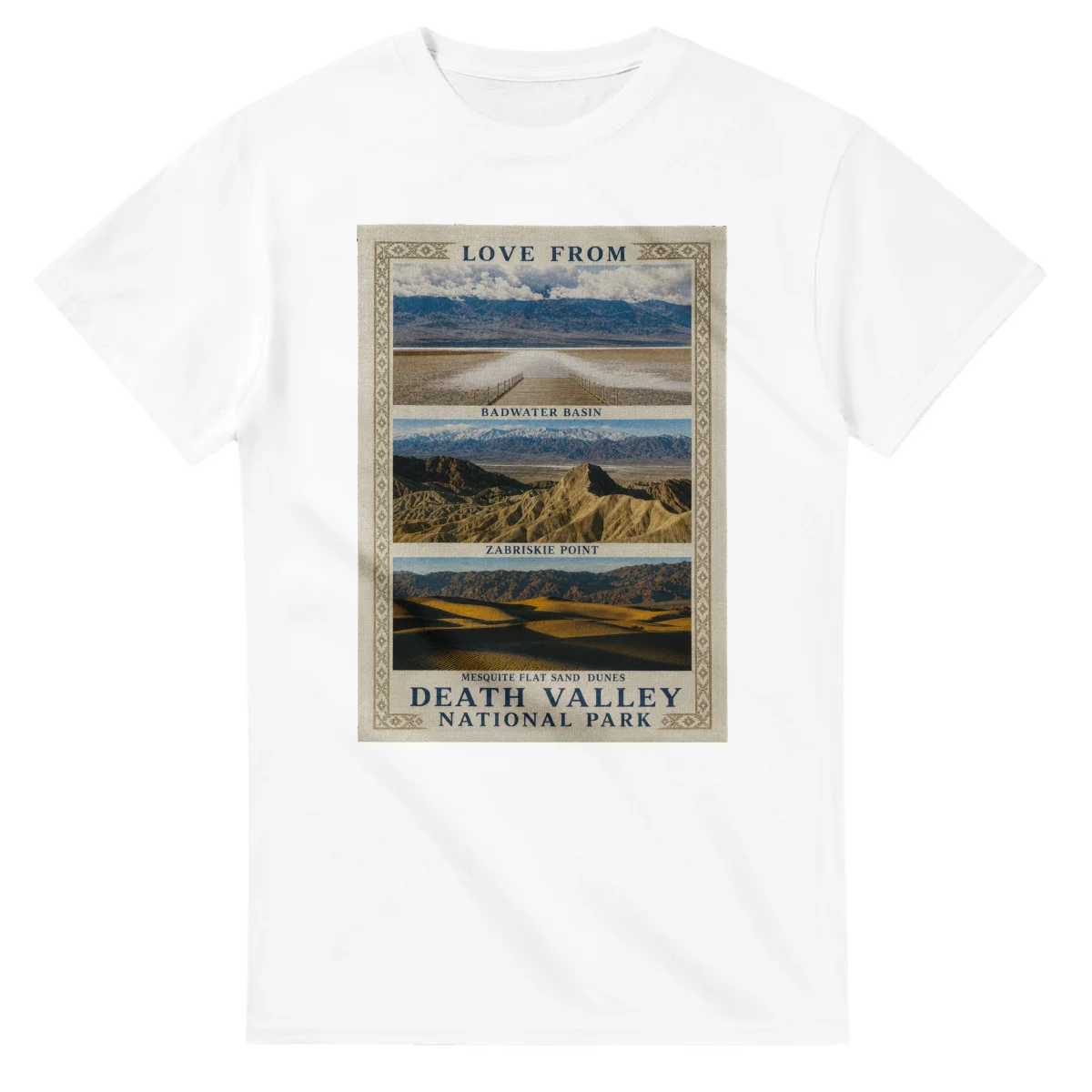 Framed scenic design for Death Valley National Park, with several local views, a decorative border and LOVE FROM lettering.