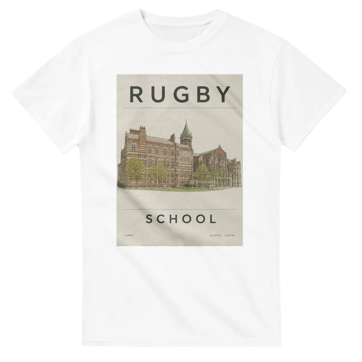 Fine-line engraving-style drawing for Rugby, with a landmark caption and small coordinate text.
