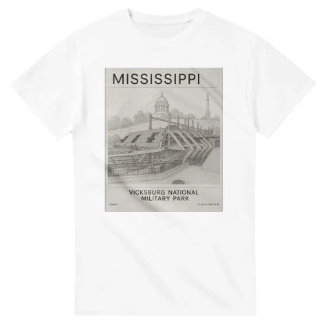 Fine-line engraving-style drawing for Mississippi, with a landmark caption and small coordinate text.