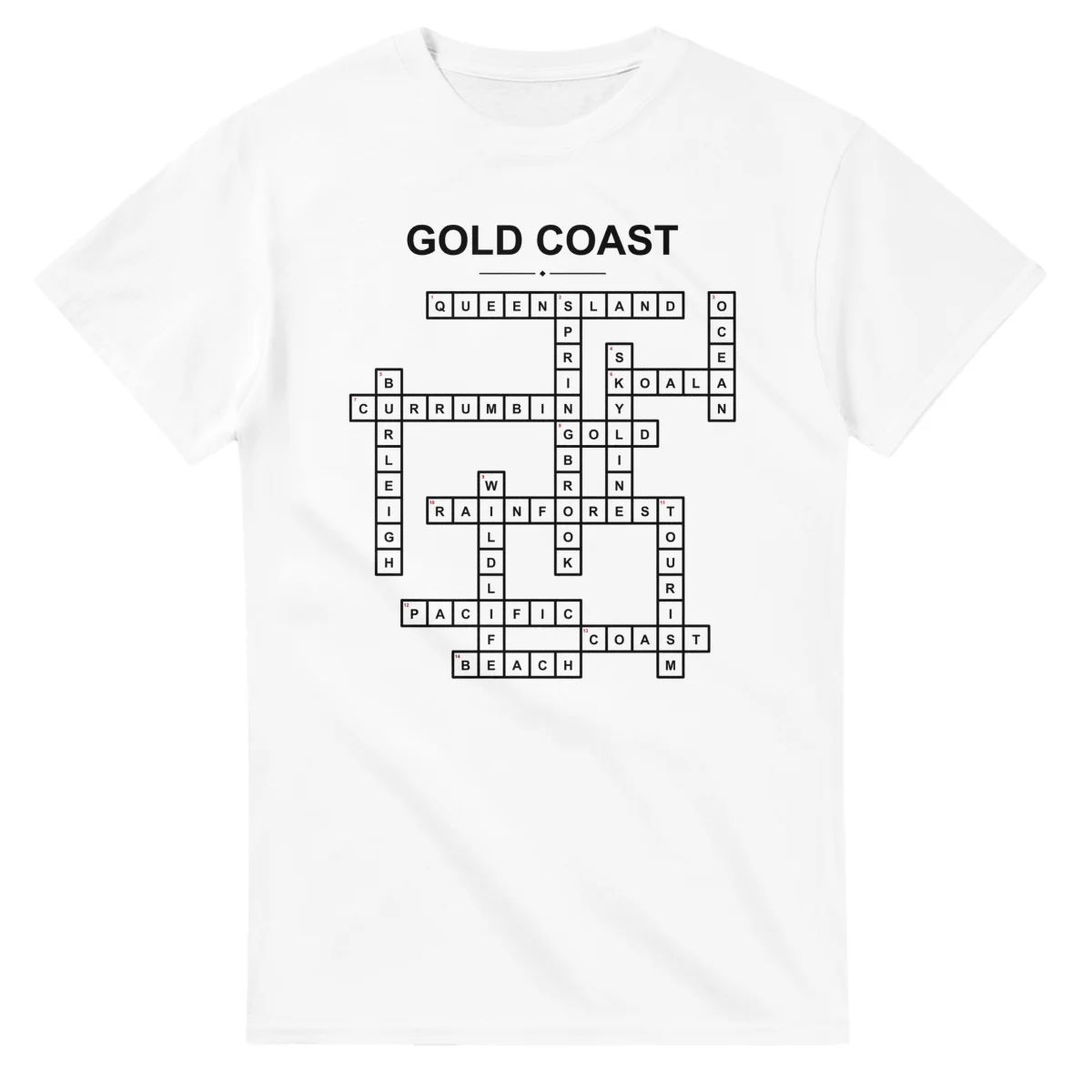 Monochrome crossword sheet for Gold Coast, with a large place-name heading, a letter grid, and numbered across and down clues.