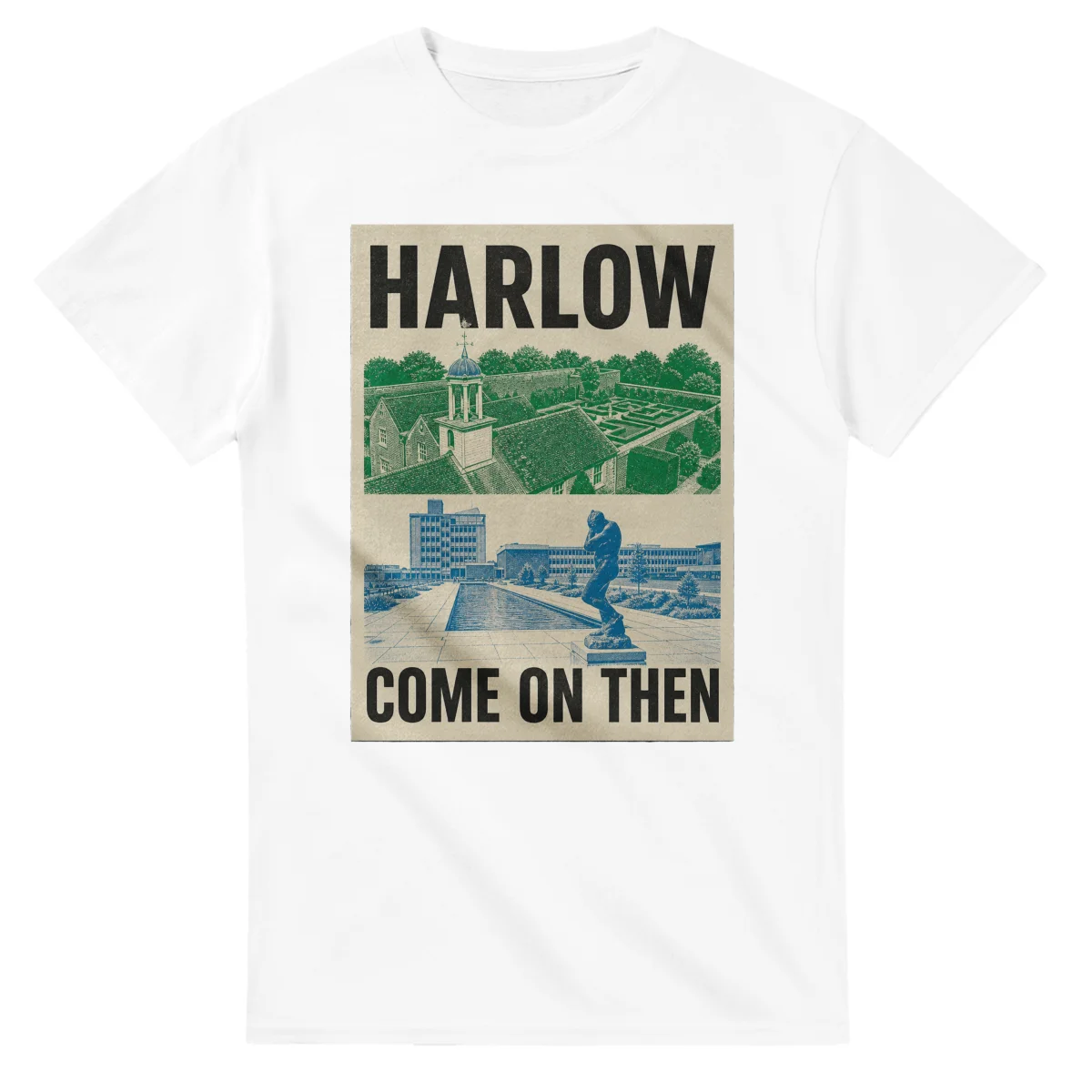 Two-colour scenic illustration for Harlow, with the place name and COME ON THEN lettering.