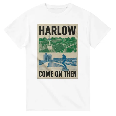 Two-colour scenic illustration for Harlow, with the place name and COME ON THEN lettering.