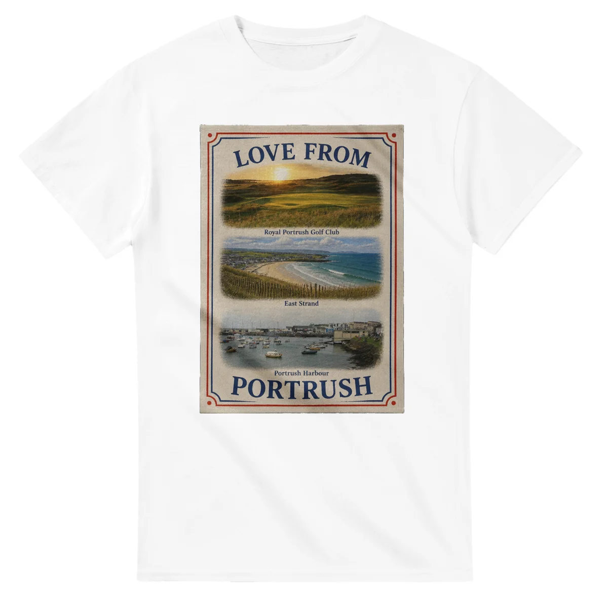 Framed scenic design for Portrush, with several local views, a decorative border and LOVE FROM lettering.