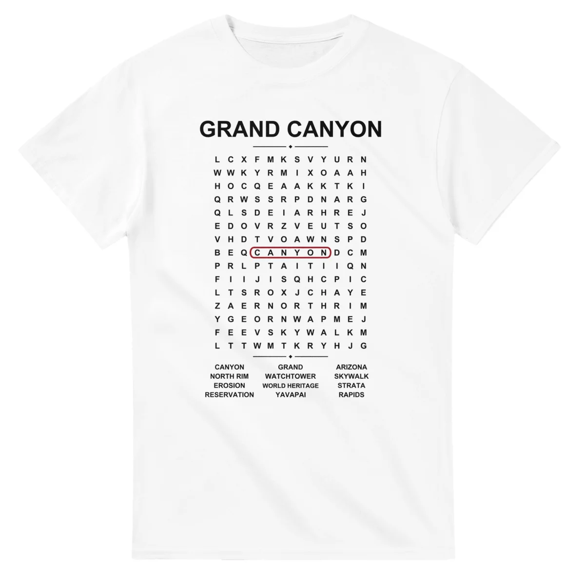 Word-search sheet for Grand Canyon, with a large place-name heading, a letter grid, a local answer list, and a red highlighted example word.