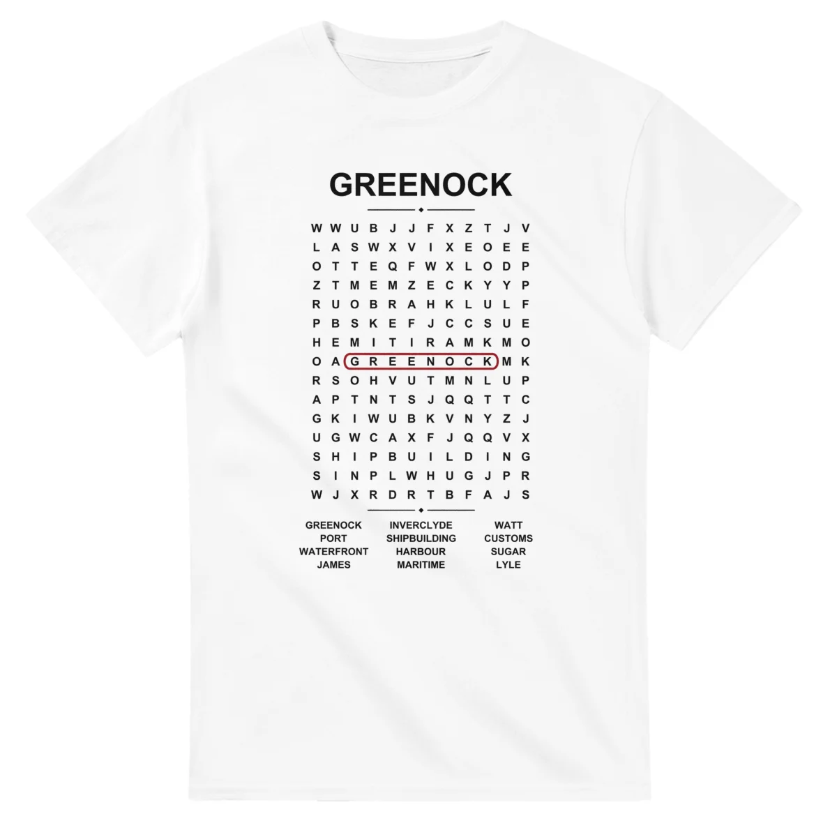 Word-search sheet for Greenock, with a large place-name heading, a letter grid, a local answer list, and a red highlighted example word.