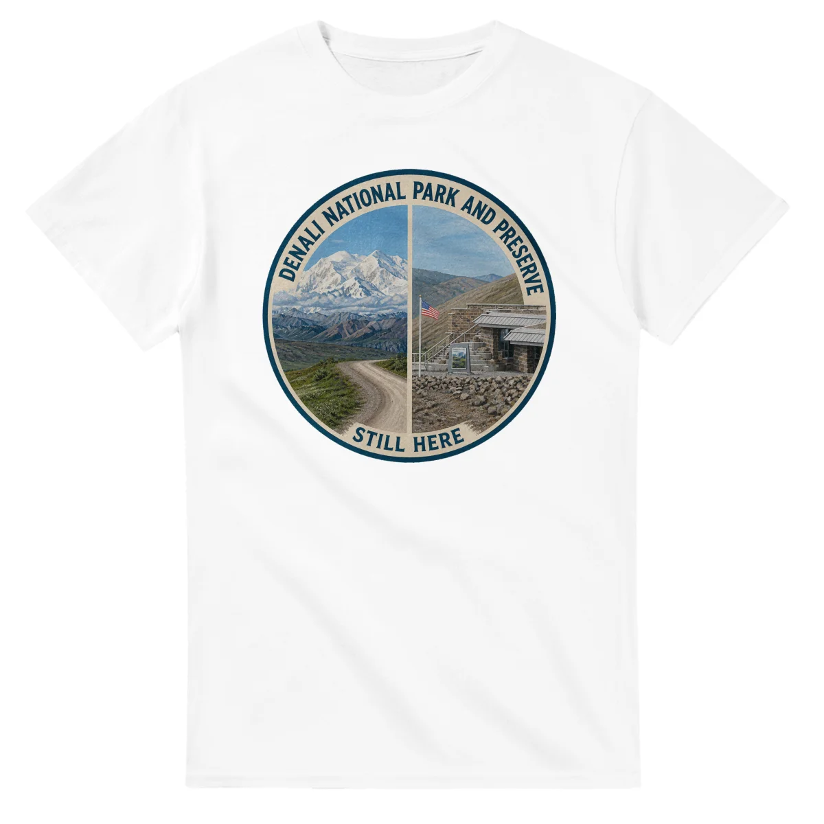 Painted, panelled scenic illustration for Denali National Park and Preserve, with paired local scenes and the place name in lettering.