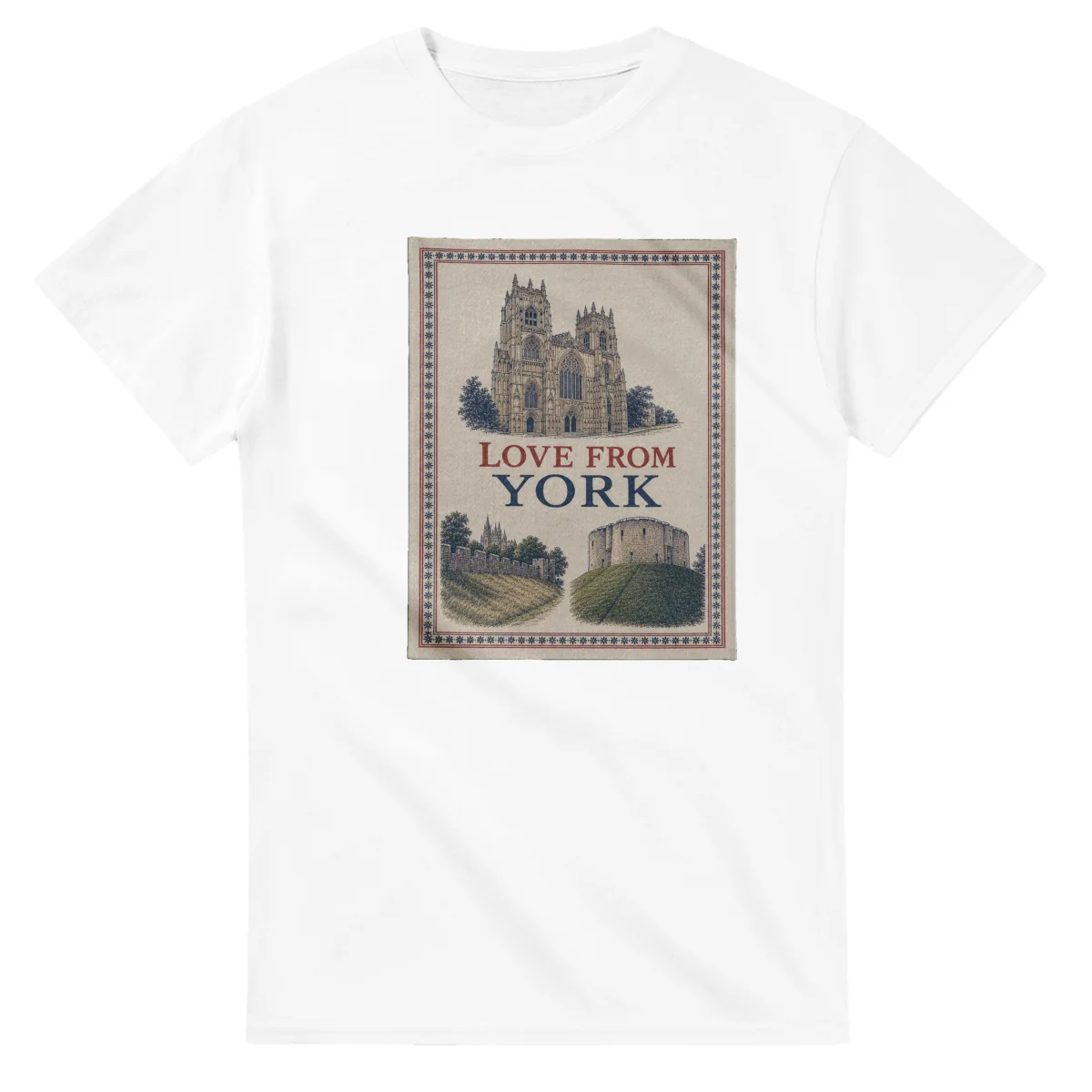 Framed scenic design for York, with several local views, a decorative border and LOVE FROM lettering.