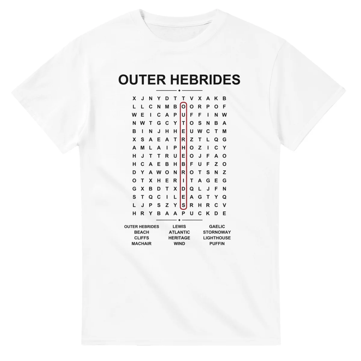 Word-search sheet for Outer Hebrides, with a large place-name heading, a letter grid, a local answer list, and a red highlighted example word.