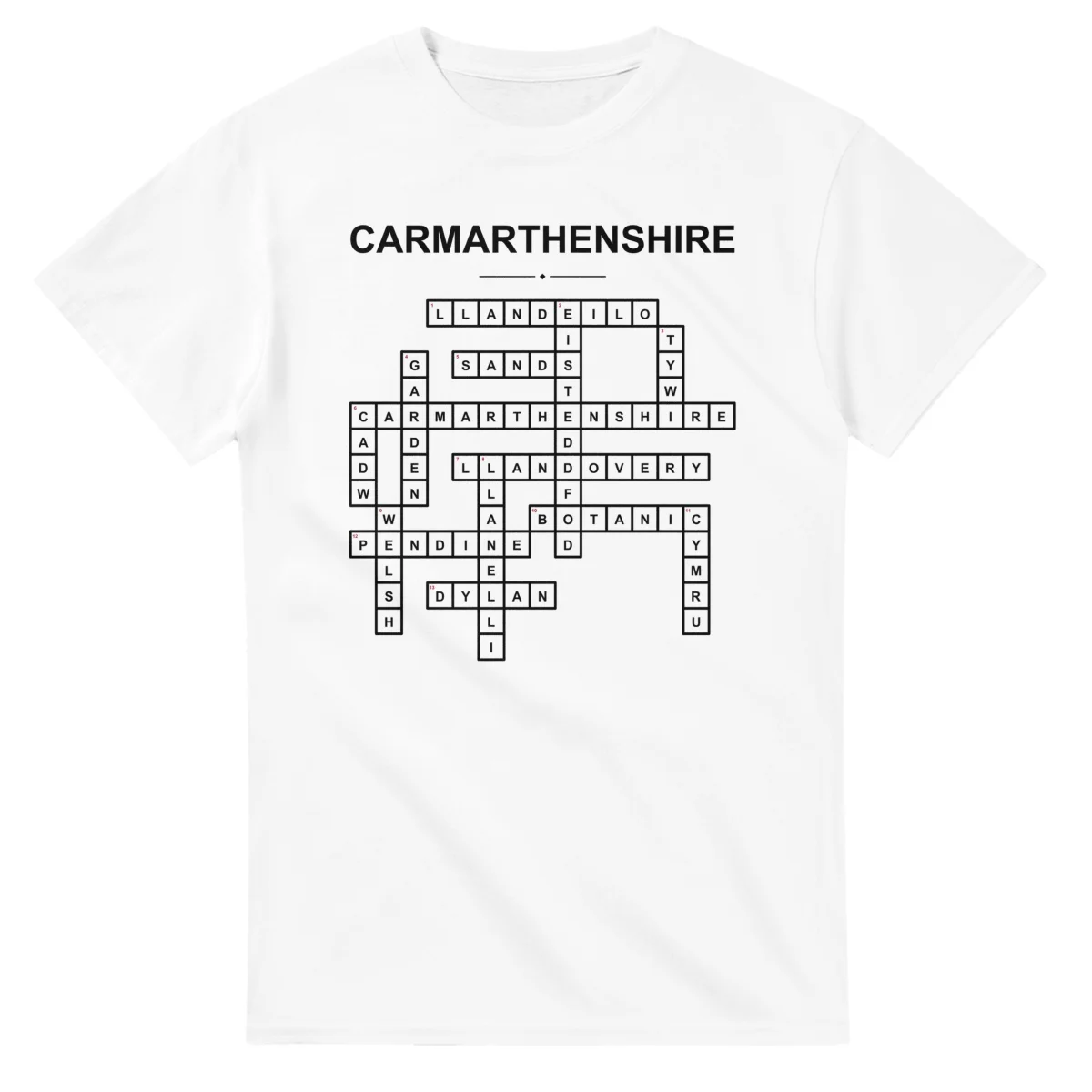 Monochrome crossword sheet for Carmarthenshire, with a large place-name heading, a letter grid, and numbered across and down clues.