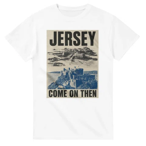 Two-colour scenic illustration for Jersey, with the place name and COME ON THEN lettering.