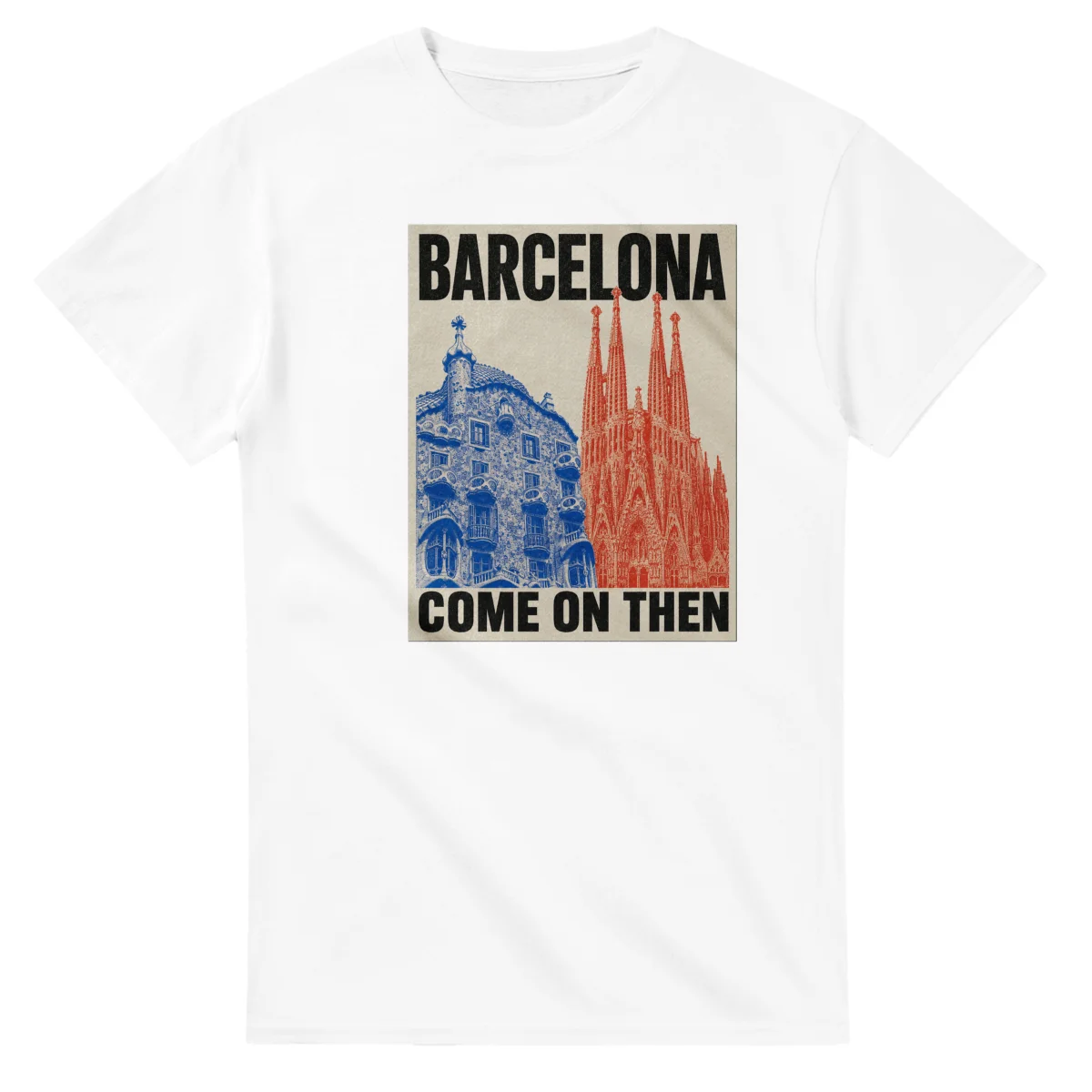 Two-colour scenic illustration for Barcelona, with the place name and COME ON THEN lettering.