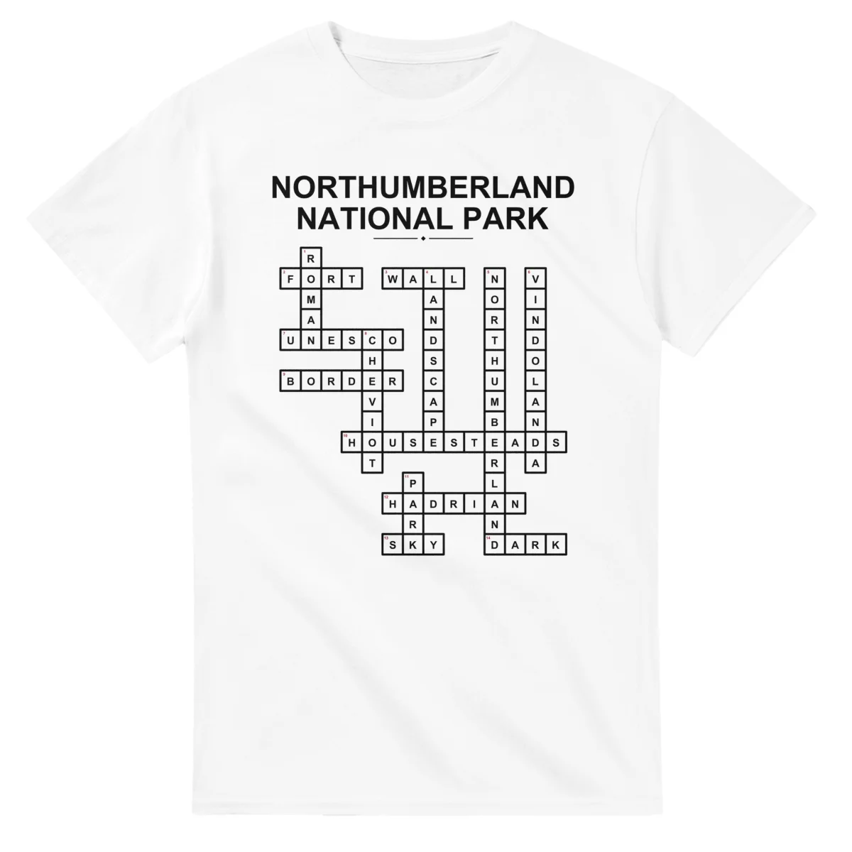 Monochrome crossword sheet for Northumberland National Park, with a large place-name heading, a letter grid, and numbered across and down clues.
