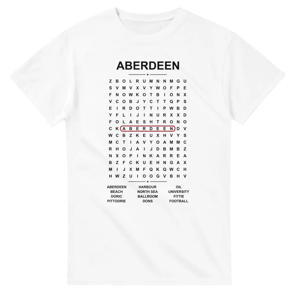 Word-search sheet for Aberdeen, with a large place-name heading, a letter grid, a local answer list, and a red highlighted example word.