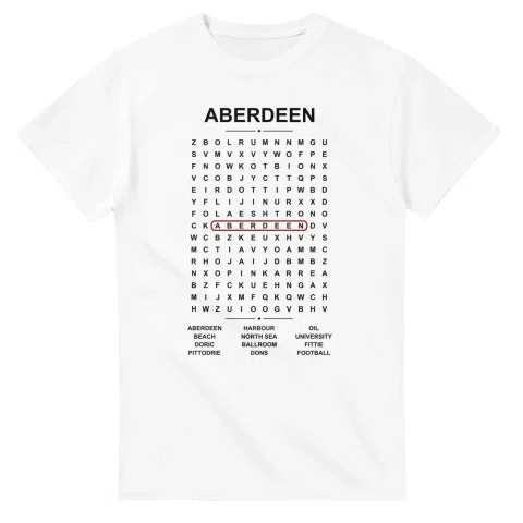 Word-search sheet for Aberdeen, with a large place-name heading, a letter grid, a local answer list, and a red highlighted example word.