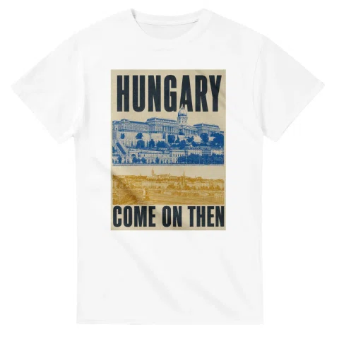 Two-colour scenic illustration for Hungary, with the place name and COME ON THEN lettering.