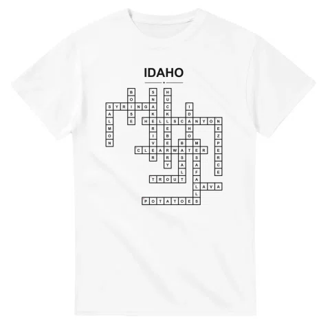 Monochrome crossword sheet for Idaho, with a large place-name heading, a letter grid, and numbered across and down clues.