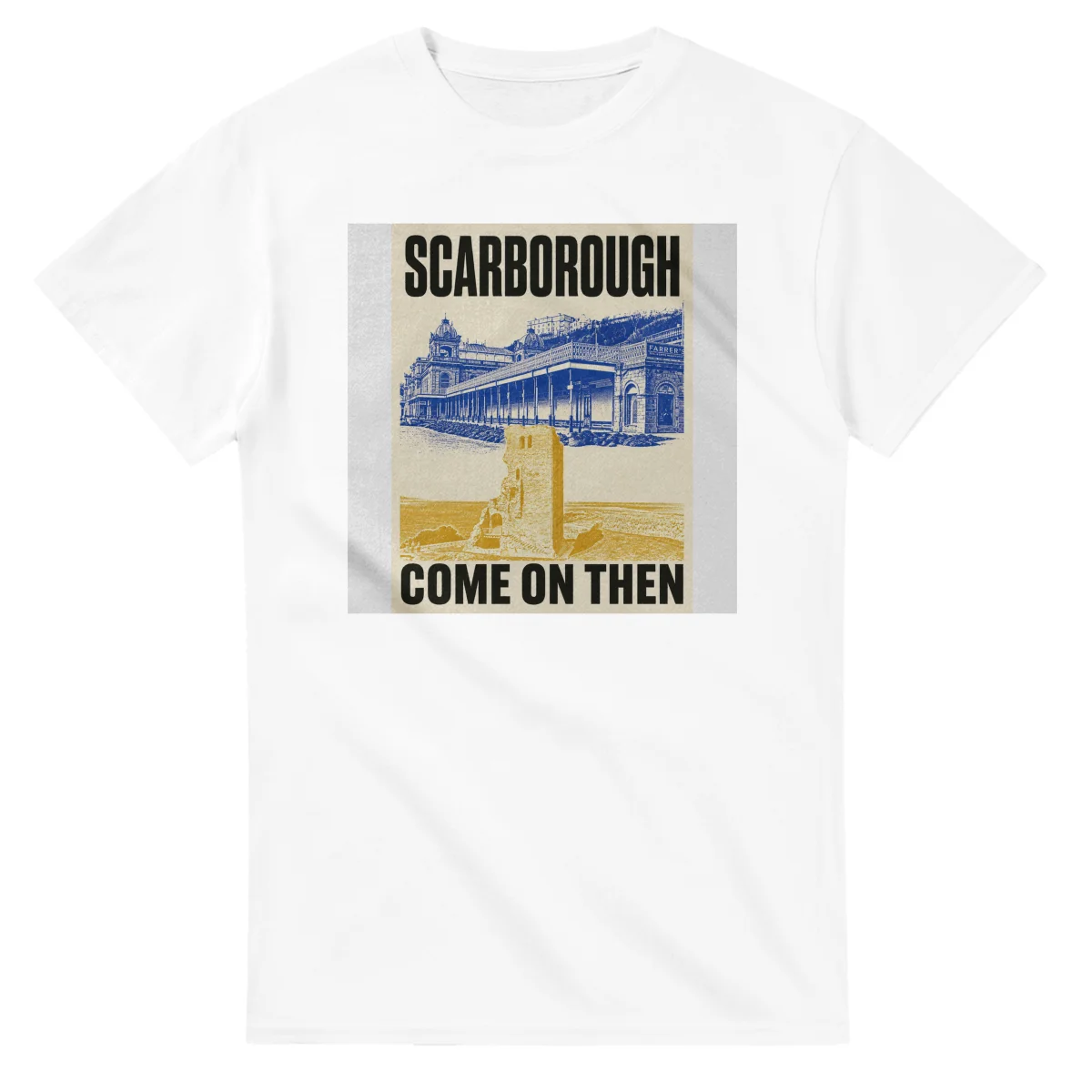 Two-colour scenic illustration for Scarborough, with the place name and COME ON THEN lettering.