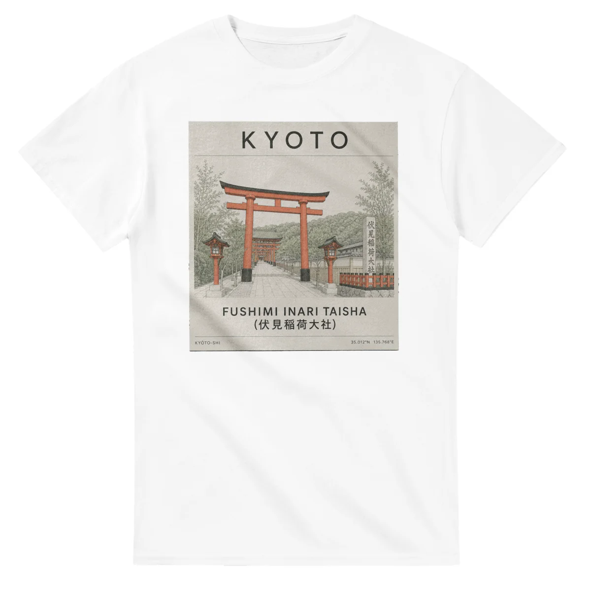 Fine-line engraving-style drawing for Kyoto, with a landmark caption and small coordinate text.