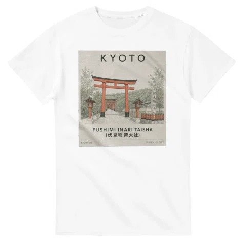 Fine-line engraving-style drawing for Kyoto, with a landmark caption and small coordinate text.