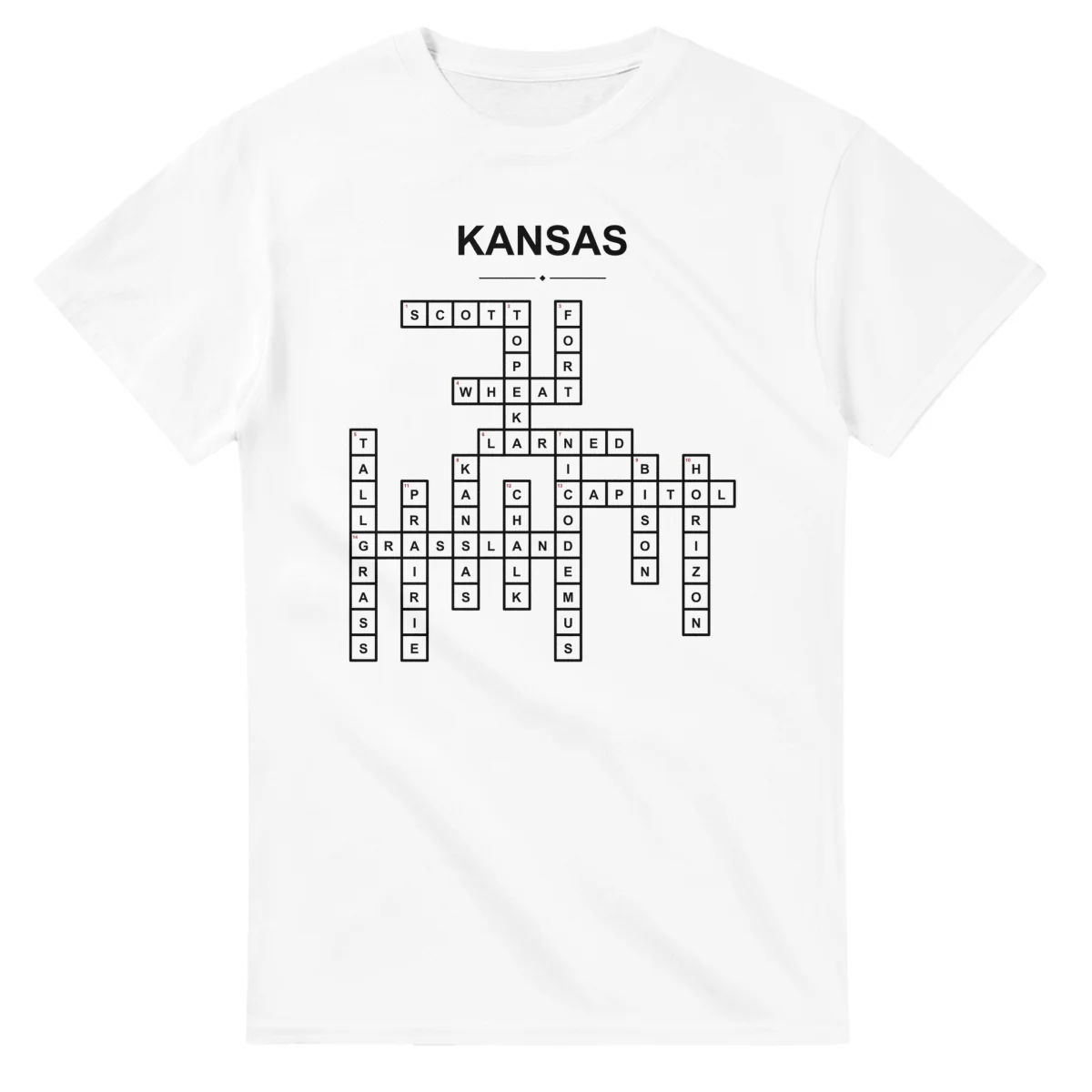 Monochrome crossword sheet for Kansas, with a large place-name heading, a letter grid, and numbered across and down clues.