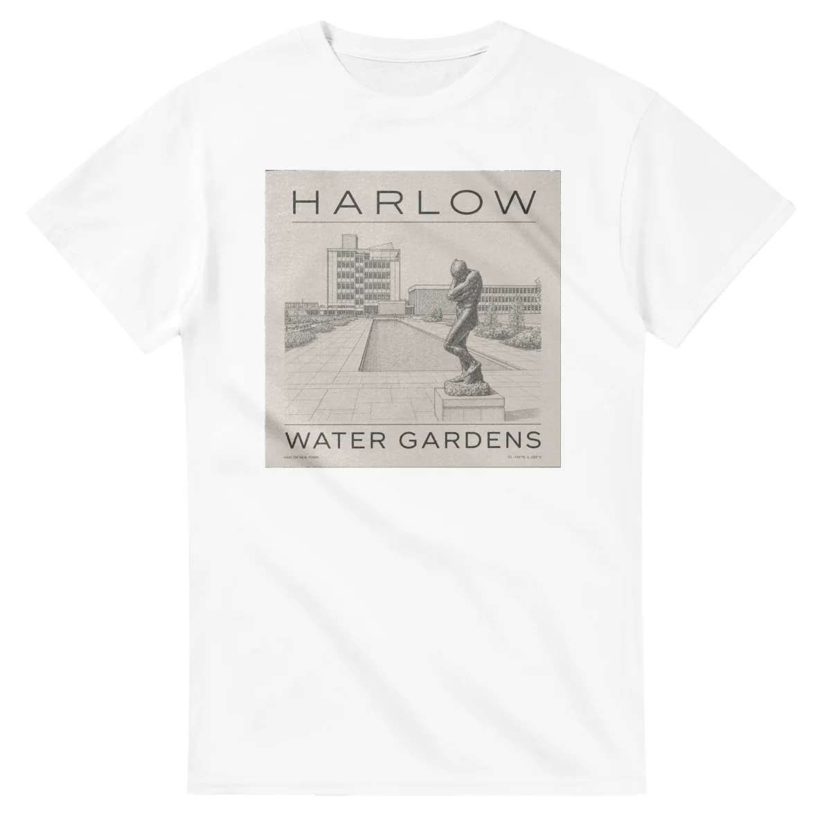 Fine-line engraving-style drawing for Harlow, with a landmark caption and small coordinate text.