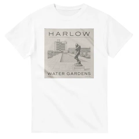 Fine-line engraving-style drawing for Harlow, with a landmark caption and small coordinate text.