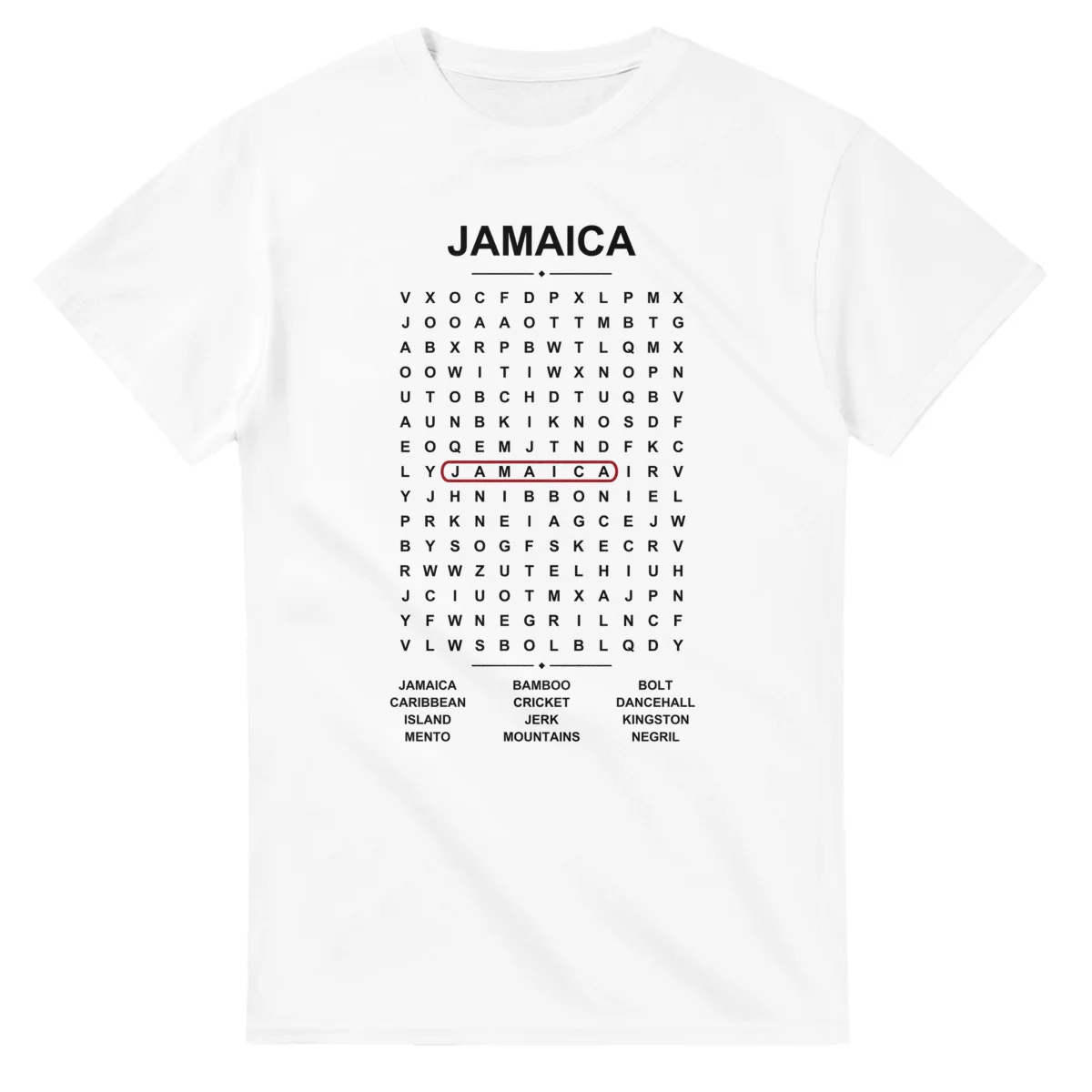 Word-search sheet for Jamaica, with a large place-name heading, a letter grid, a local answer list, and a red highlighted example word.