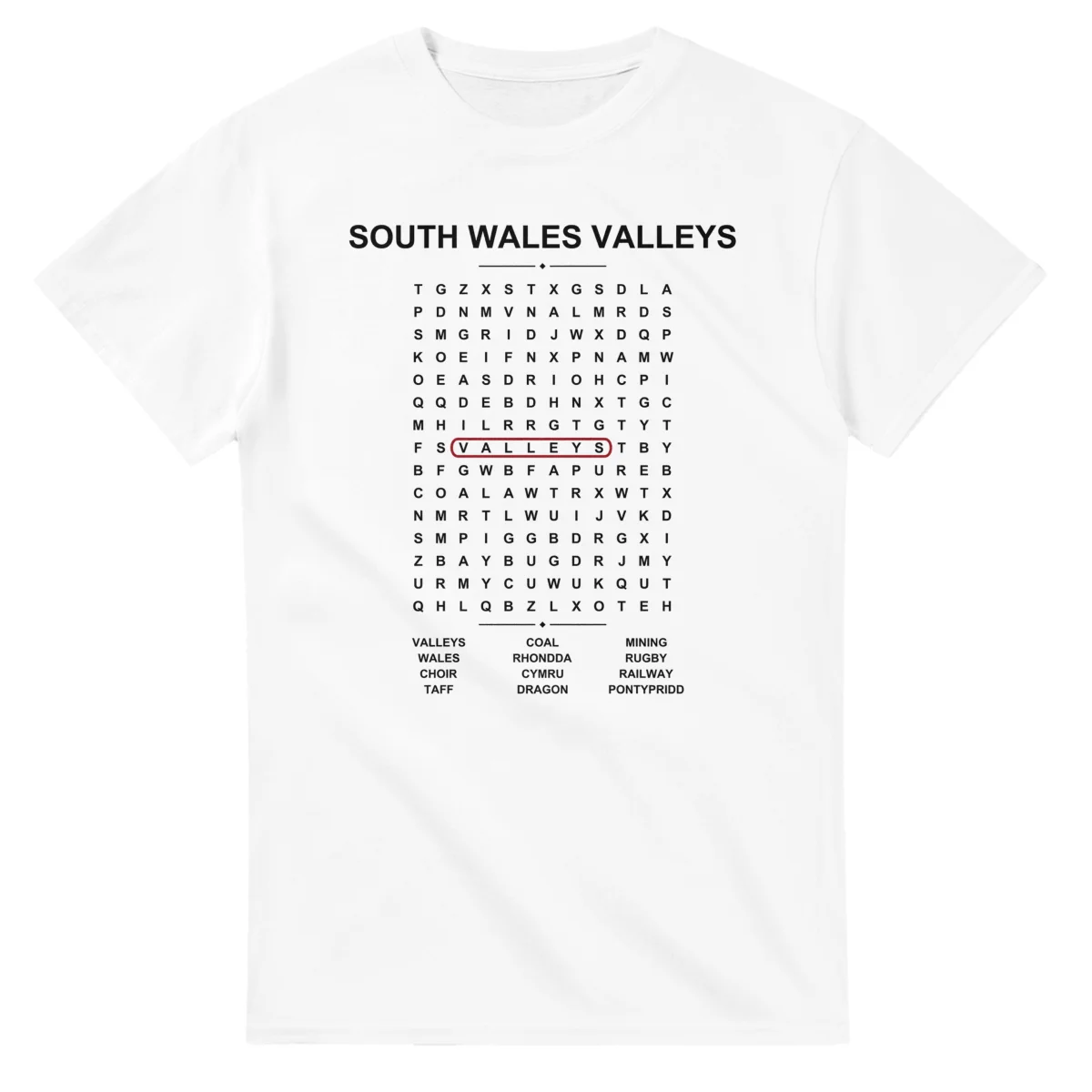 Word-search sheet for South Wales Valleys, with a large place-name heading, a letter grid, a local answer list, and a red highlighted example word.