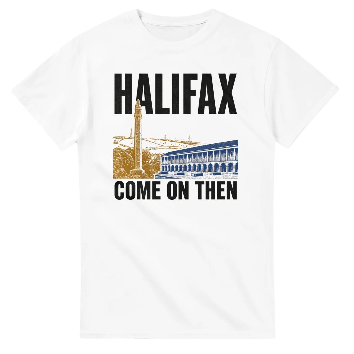Two-colour scenic illustration for Halifax, with the place name and COME ON THEN lettering.