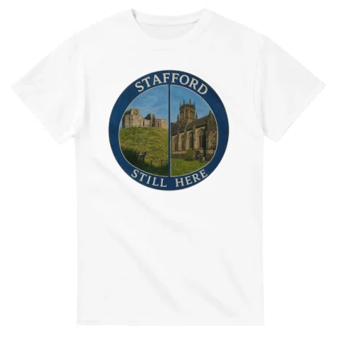 Painted, panelled scenic illustration for Stafford, with paired local scenes and the place name in lettering.