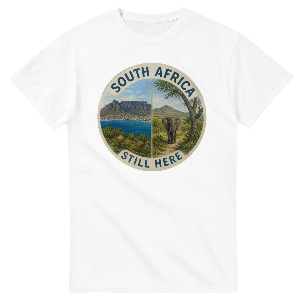 Painted, panelled scenic illustration for South Africa, with paired local scenes and the place name in lettering.