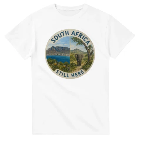 Painted, panelled scenic illustration for South Africa, with paired local scenes and the place name in lettering.