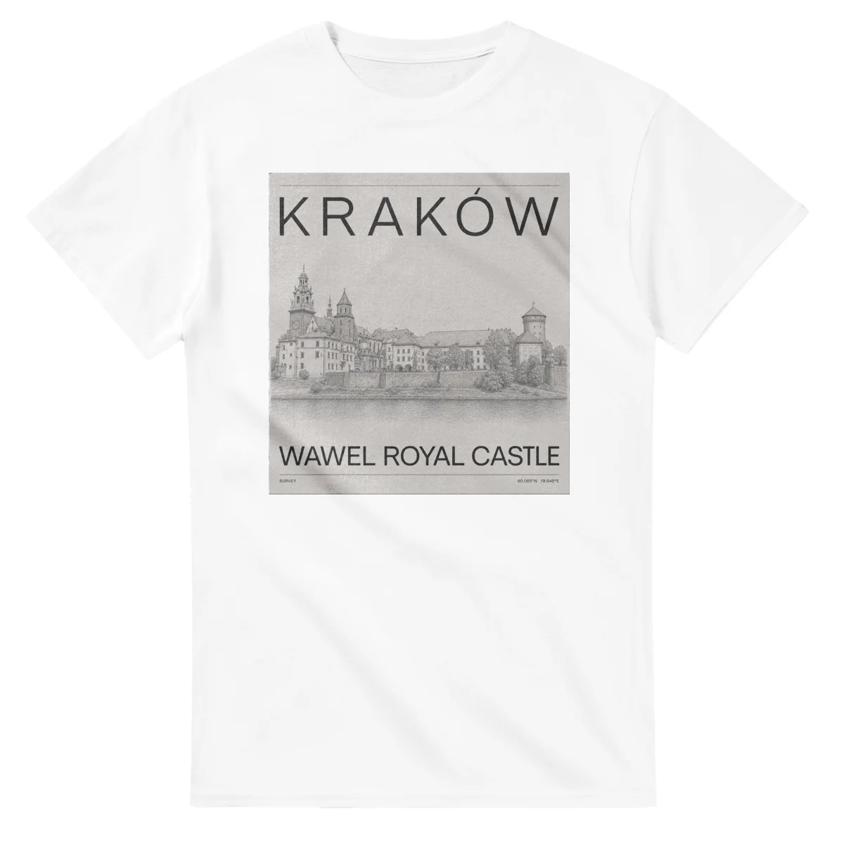 Fine-line engraving-style drawing for Kraków, with a landmark caption and small coordinate text.