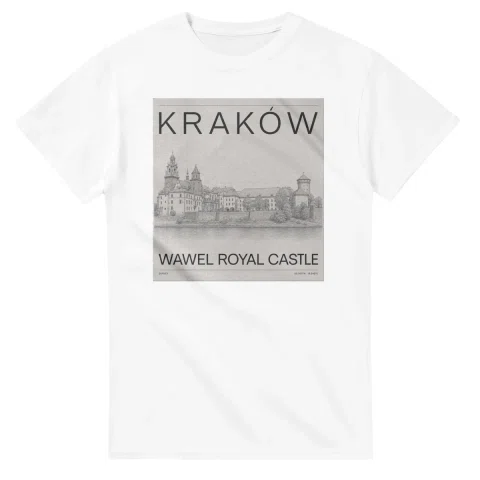 Fine-line engraving-style drawing for Kraków, with a landmark caption and small coordinate text.