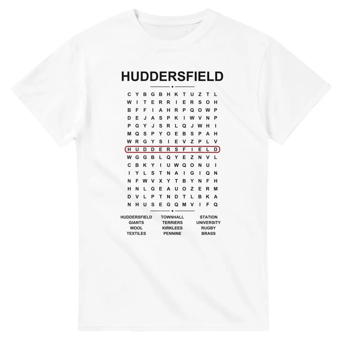 Word-search sheet for Huddersfield, with a large place-name heading, a letter grid, a local answer list, and a red highlighted example word.