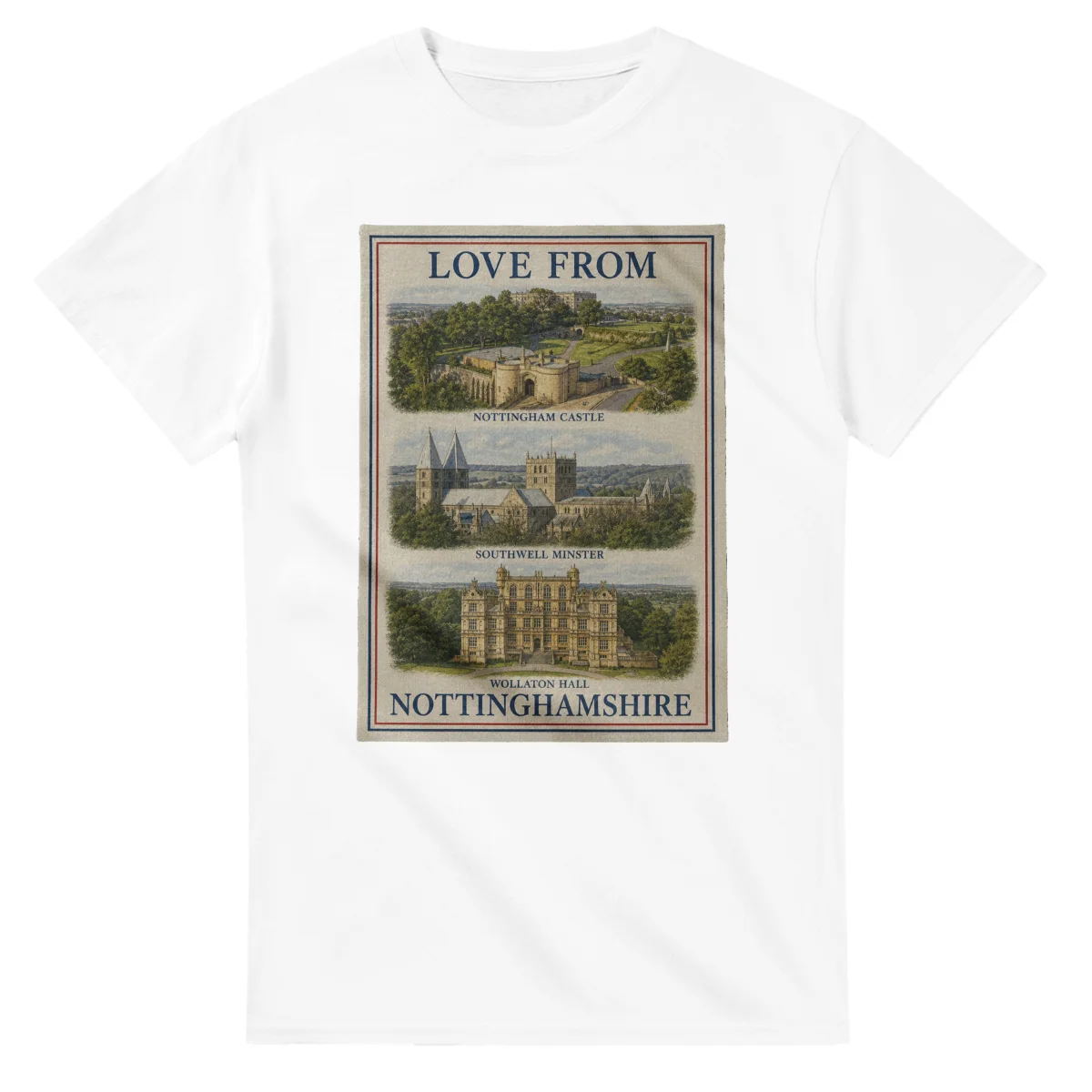 Framed scenic design for Nottinghamshire, with several local views, a decorative border and LOVE FROM lettering.