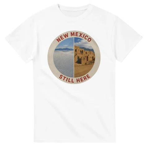 Painted, panelled scenic illustration for New Mexico, with paired local scenes and the place name in lettering.