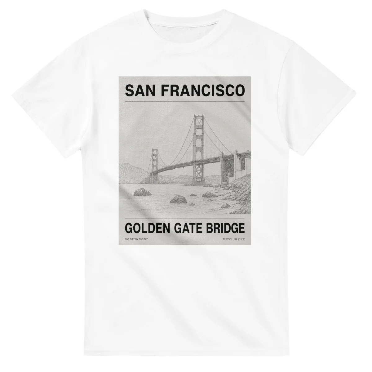 Fine-line engraving-style drawing for San Francisco, with a landmark caption and small coordinate text.