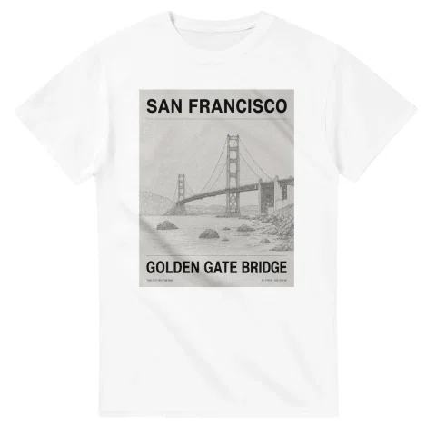 Fine-line engraving-style drawing for San Francisco, with a landmark caption and small coordinate text.