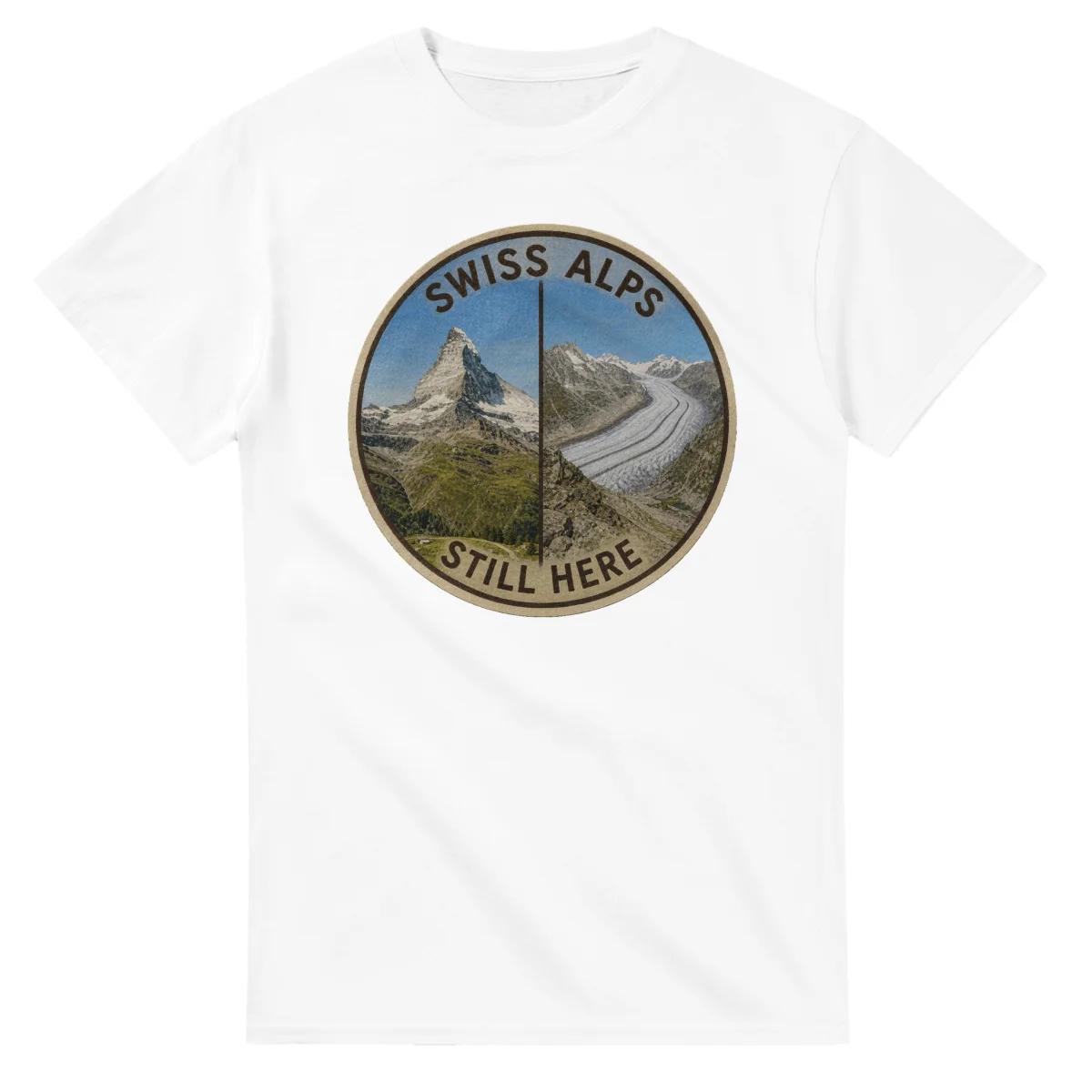 Painted, panelled scenic illustration for Swiss Alps, with paired local scenes and the place name in lettering.
