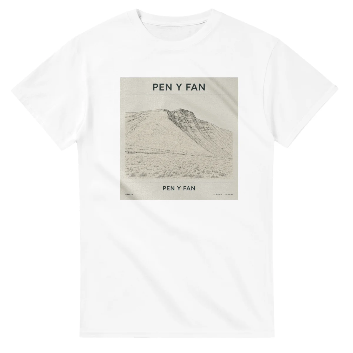 Fine-line engraving-style drawing for Pen y Fan, with a landmark caption and small coordinate text.