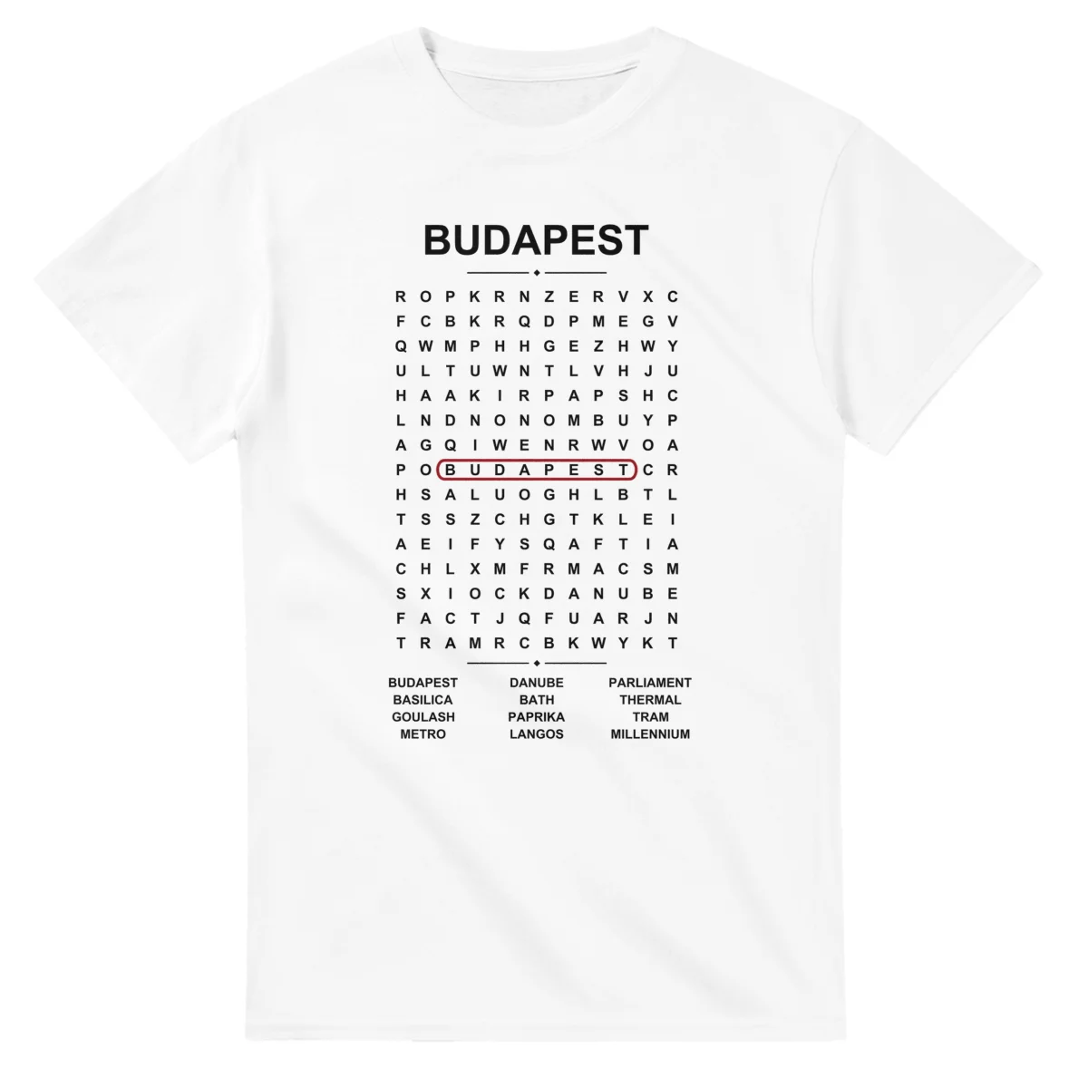 Word-search sheet for Budapest, with a large place-name heading, a letter grid, a local answer list, and a red highlighted example word.