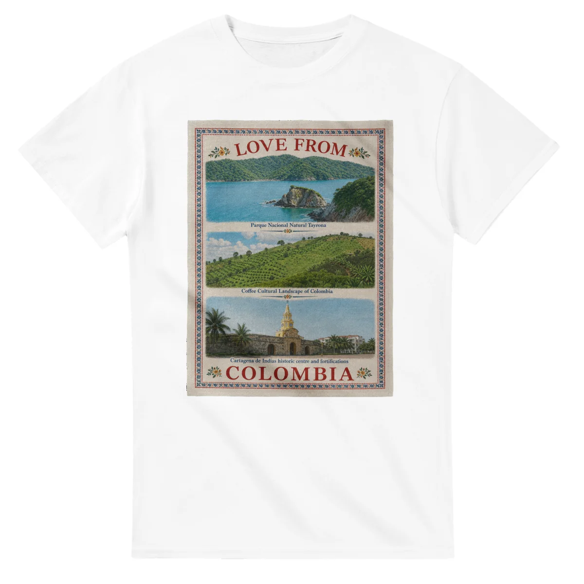 Framed scenic design for Colombia, with several local views, a decorative border and LOVE FROM lettering.